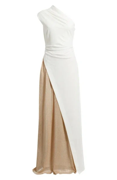 Black Halo Marigold One-shoulder Mixed Media Gown In Brown