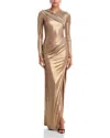 Black Halo Marika Metallic Draped Long Sleeve Gown In Gold