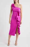 Black Halo Maris Ruffle One-shoulder Midi Dress In Vibrant Pink
