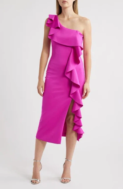 Black Halo Maris Ruffle One-shoulder Midi Dress In Vibrant Pink
