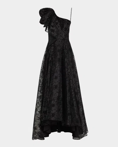 Black Halo Mirabella One-shoulder Flocked Organza Gown In Blooming Veils