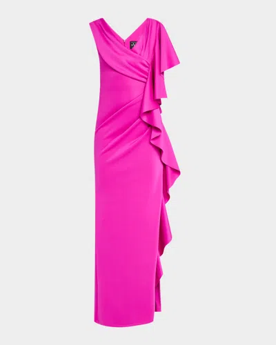 Black Halo Morwen Asymmetric Ruffle Column Gown In Vibrant Pink