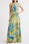 Black Halo Neriah Abstract Print Halter Neck Mesh Gown In Multi