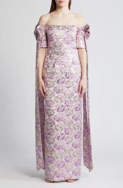 Black Halo Paisley Floral Metallic Brocade Off The Shoulder Evening Gown In Glowing Amethyst