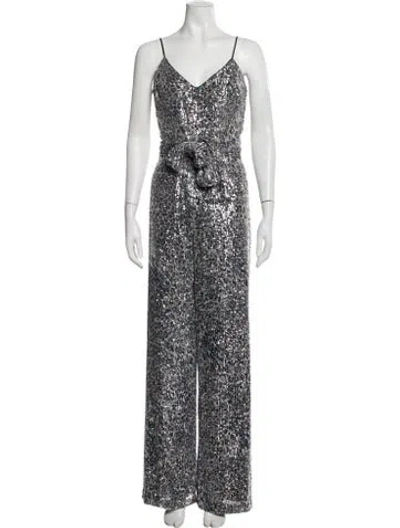 Pre-owned Black Halo Patterned V-neck Jumpsuit W/ Tags In Blue/silver