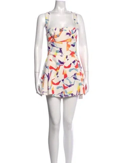 Pre-owned Black Halo Printed Square Neckline Romper In White