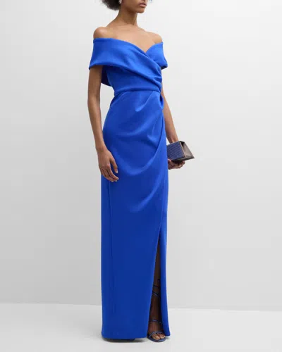 Black Halo Prisma Pleated Off-shoulder Column Gown In Vibrant Blue