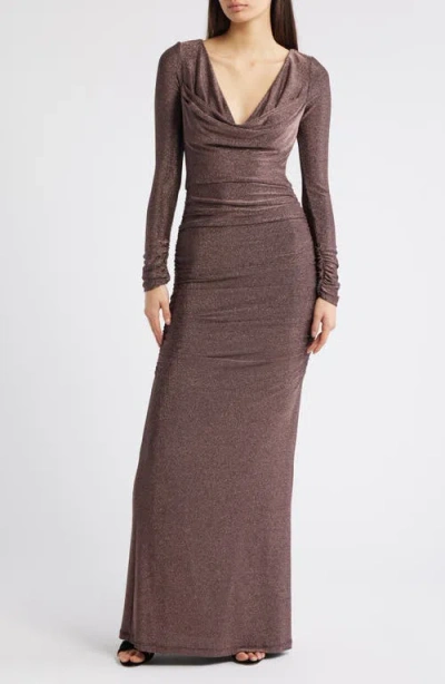 Black Halo Rafaela Long Sleeve Glitter Knit Gown In Brown