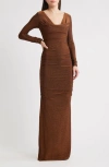 Black Halo Rafaela Long Sleeve Glitter Knit Gown In Brown