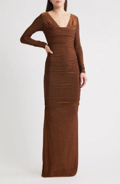 Black Halo Rafaela Long Sleeve Glitter Knit Gown In Brown