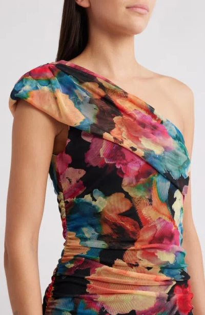Black Halo Rosario One Shoulder Dress In Rainbow Canvas