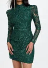 Black Halo Santorini Lace Sequin Long Sleeve Mini Dress In Jungle Gem In Green