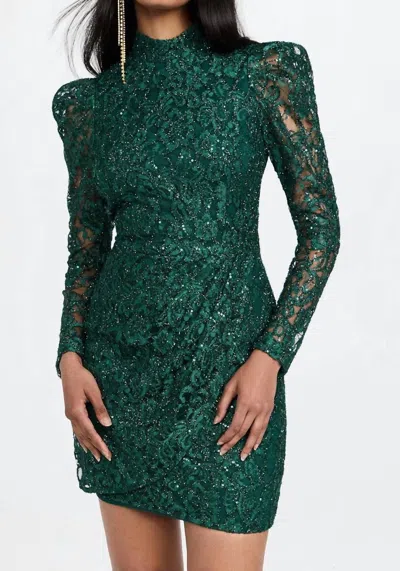 Black Halo Santorini Lace Sequin Long Sleeve Mini Dress In Jungle Gem In Green