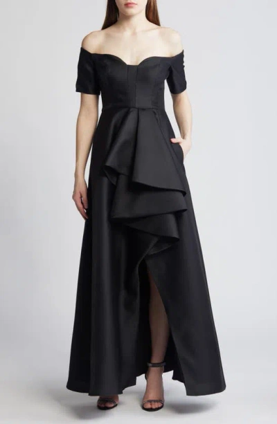 black halo off the shoulder dress Navy Molten Off Shoulder Gown