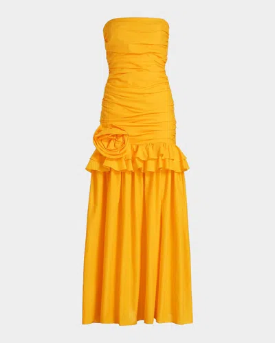 Black Halo Solea Ruched Drop-waist Strapless Gown In Yellow