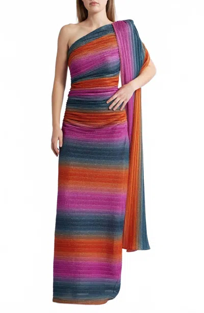 Black Halo Vella Stripe One-shoulder Gown In Pleated Hues