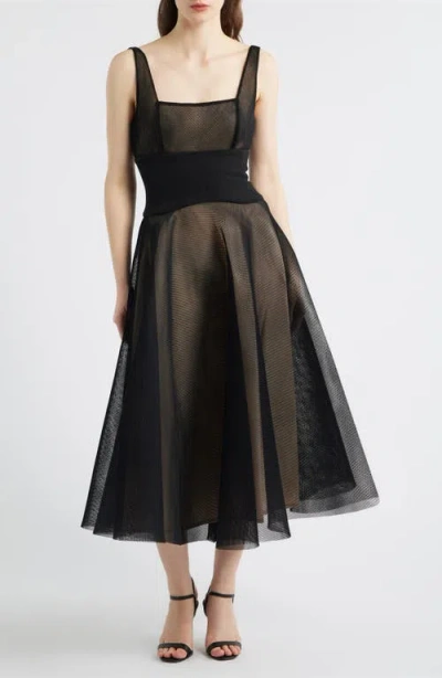 Black Halo Vivi Corset Bodice Tulle Cocktail Midi Dress
