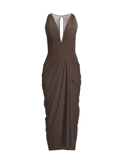 Black Halo Elara Sleeveless Deep-v Draped Midi Dress In Brown