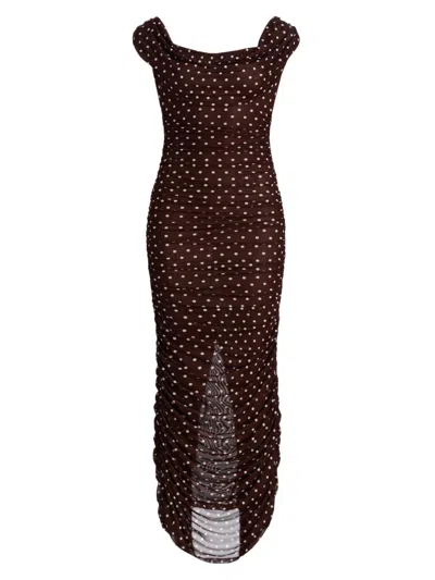 Black Halo Evangeline Polka Dot Mesh Gown In Brown
