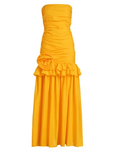 Black Halo Women's Solea Ruched Drop-waist Strapless Gown In Yellow
