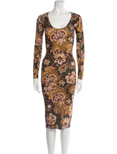 Pre-owned Black Iris Printed Midi Length Dress In Brown