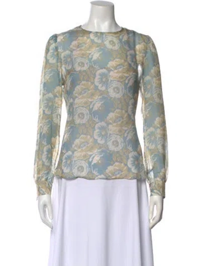Pre-owned Black Iris Silk Floral Print Blouse In Blue