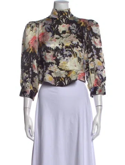 Pre-owned Black Iris Silk Floral Print Top In Neutral