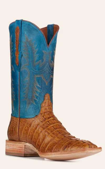 Black Jack Men's Blue And Cognac Caiman Tail Wide Square Toe Exotic Cowboy Boots In Brown