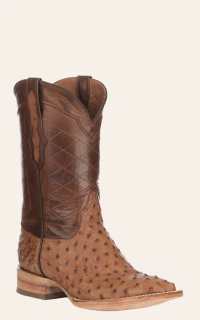 Black Jack Men's Burnished Brown Full Quill Ostrich And Cigar Wide Square Toe Exotic Cowboy Boots