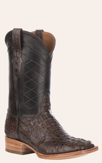Black Jack Men's Burnished Chocolate Caiman Hornback Wide Square Toe Exotic Cowboy Boots In Black