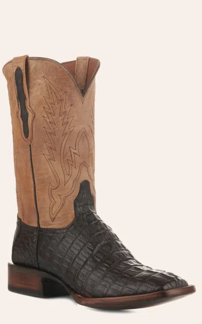Black Jack Men's Tan Maddog And Chocolate Caiman Tail Square Toe Exotic Cowboy Boots In Brown