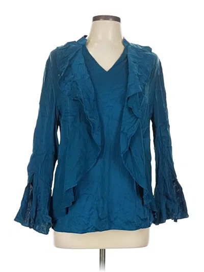 Pre-owned Black Label By Chico's 3/4 Sleeve Silk Top Blue Ruffles Neckline Tops