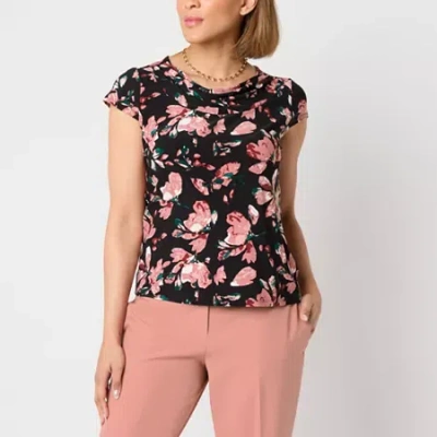 Black Label By Evan Picone Floral Womens Cowl Neck Short Sleeve Blouse In Black