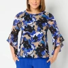 Black Label By Evan Picone Floral Womens Crew Neck 3/4 Sleeve Blouse In Blue