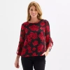 Black Label By Evan Picone Floral Womens Crew Neck 3/4 Sleeve Blouse In Red