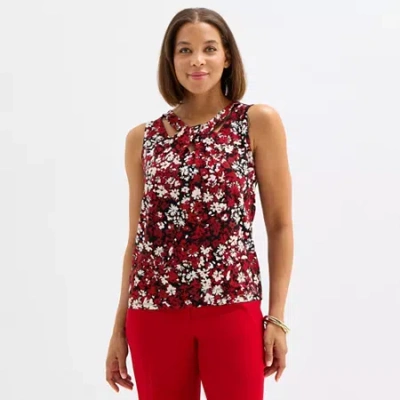 Black Label By Evan Picone Floral Womens Keyhole Neck Sleeveless Blouse In Red