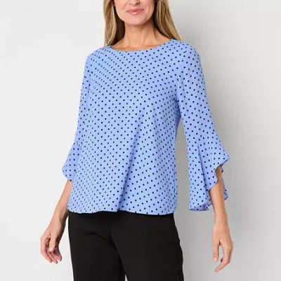 Black Label By Evan Picone Womens Crew Neck 3/4 Sleeve Blouse In Blue