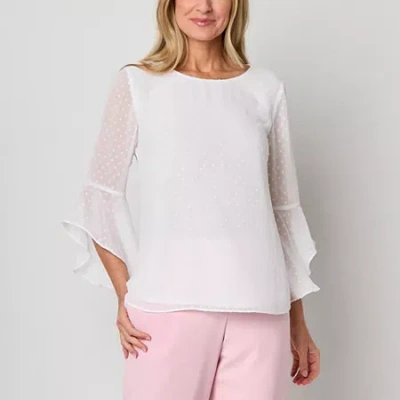 Black Label By Evan Picone Womens Crew Neck 3/4 Sleeve Blouse In White