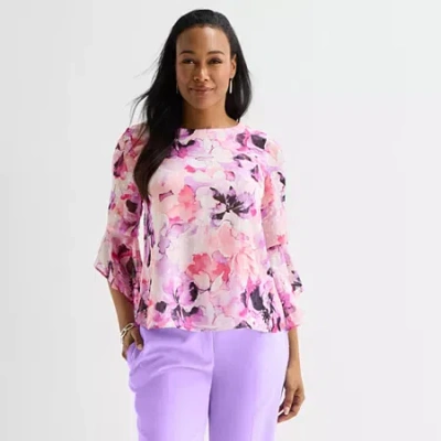 Black Label By Evan Picone Womens Crew Neck 3/4 Sleeve Blouse In White