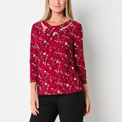 Black Label By Evan Picone Womens Keyhole Neck 3/4 Sleeve Blouse In Red