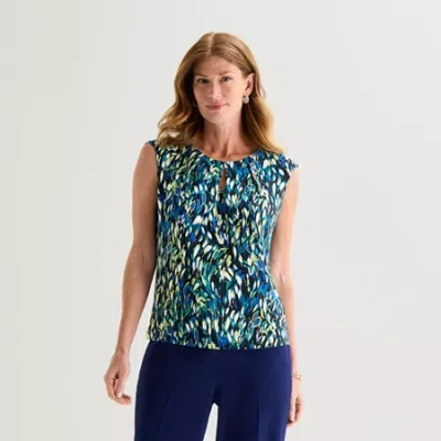 Black Label By Evan Picone Womens Keyhole Neck Short Sleeve Blouse In Blue