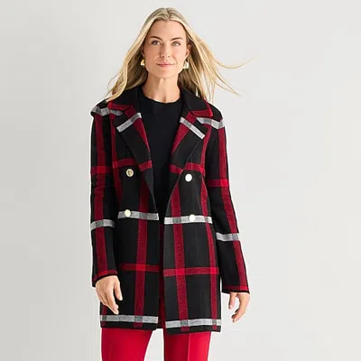 Black Label By Evan Picone Womens Long Sleeve Open Front Plaid Cardigan In Black