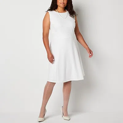 Black Label By Evan Picone Womens Plus Crew Neck Sleeveless Fit + Flare Dress In White
