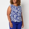 Black Label By Evan Picone Womens Plus Keyhole Neck Sleeveless Blouse In Blue