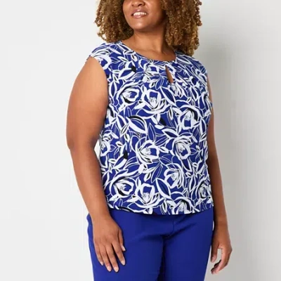 Black Label By Evan Picone Womens Plus Keyhole Neck Sleeveless Blouse In Blue