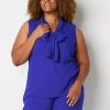 Black Label By Evan Picone Womens Plus Split Tie Neck Sleeveless Blouse In Blue