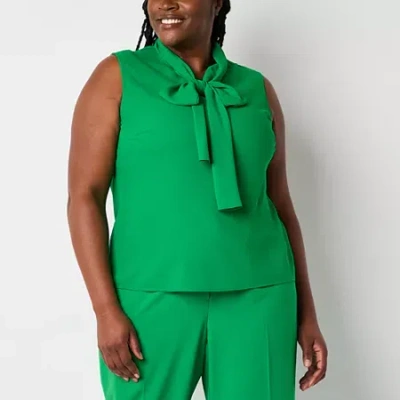 Black Label By Evan Picone Womens Plus Split Tie Neck Sleeveless Blouse In Green