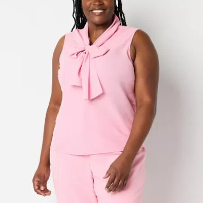 Black Label By Evan Picone Womens Plus Split Tie Neck Sleeveless Blouse In Pink