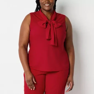 Black Label By Evan Picone Womens Plus Split Tie Neck Sleeveless Blouse In Red
