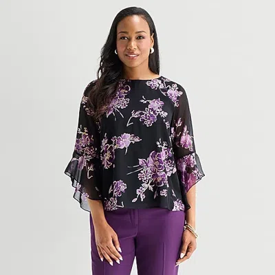 Black Label By Evan Picone Womens Round Neck 3/4 Sleeve Blouse In Black